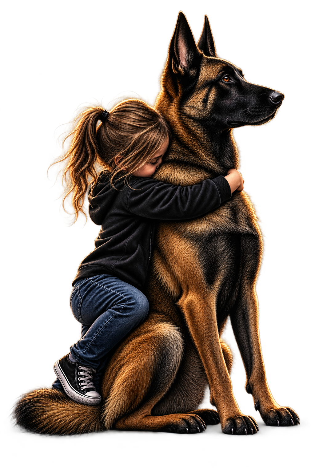 Girl hugging a German Shepherd digital illustration