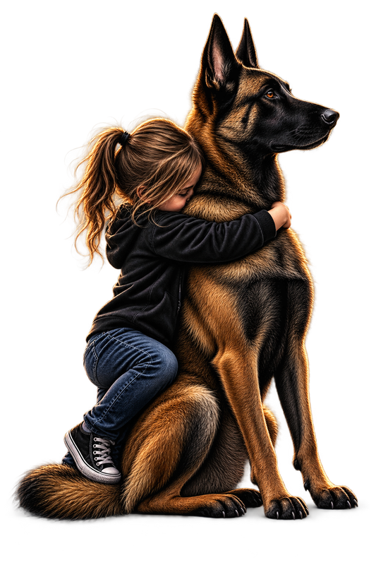Girl hugging a German Shepherd digital illustration